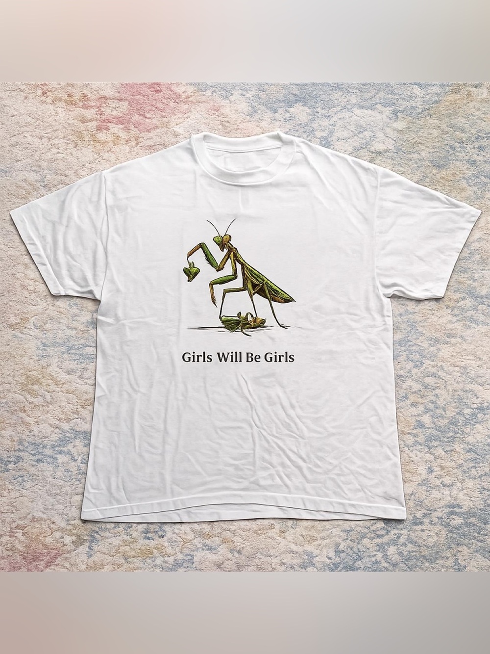 Gildan White Tee with Green Praying Mantis Graphic